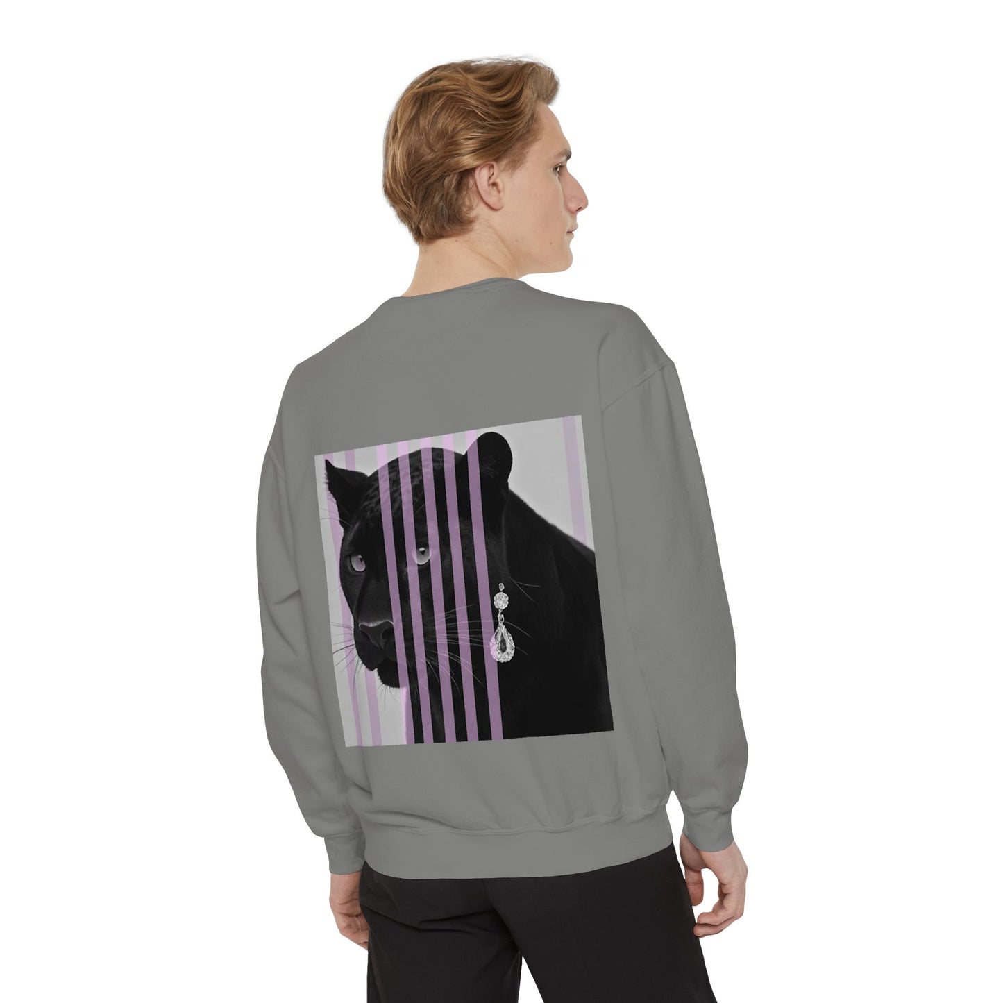 Black Panther with stripes Sweatshirt, Unisex Garment-Dyed Apparel, Cozy Streetwear